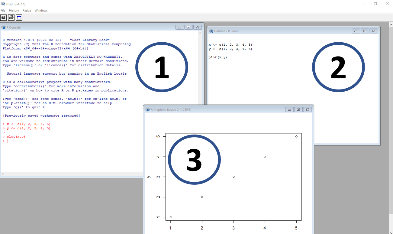 Figure, R. (1) is the console, where codes are entered and read by the software; (2) is the script or code source, where the user enters information that can be copied and pasted into the console; and (3) is a window with graph output