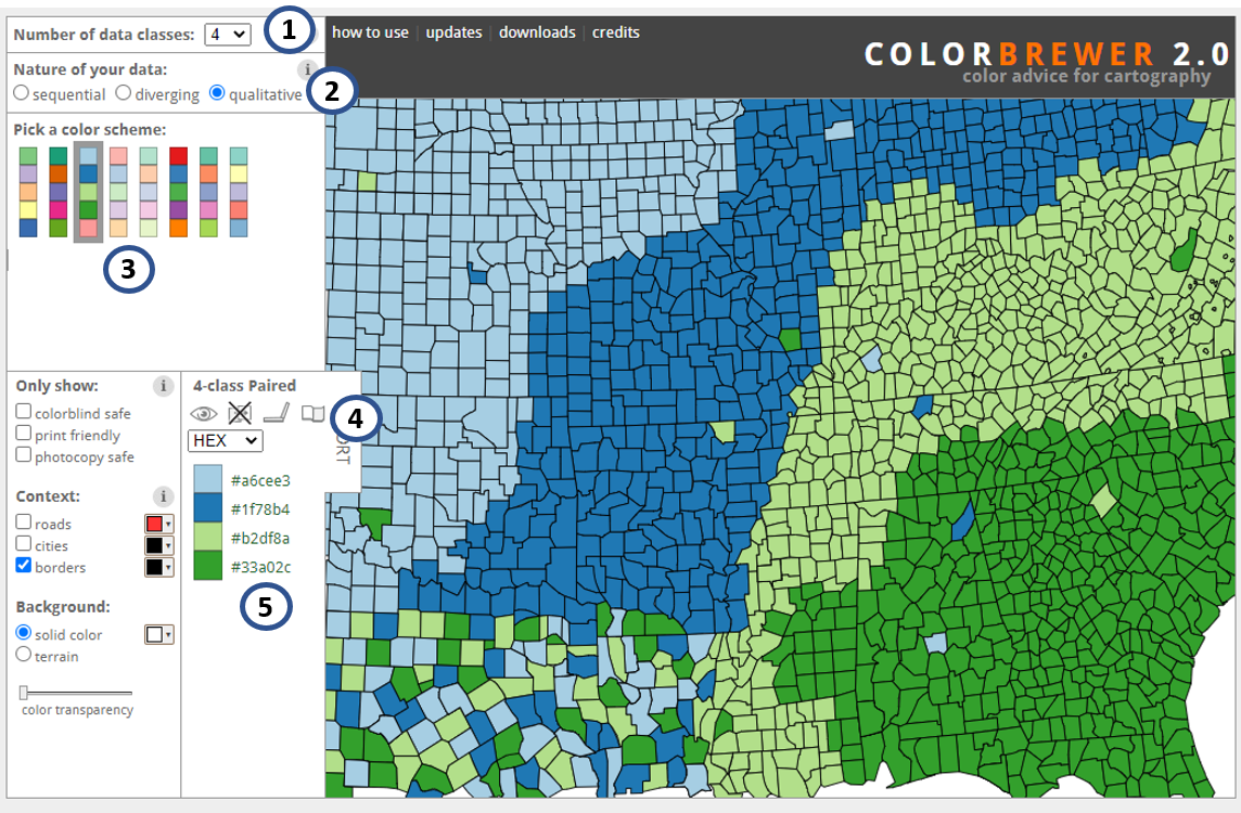 Print screen of colorbrewer2.org website. 1 - number of classes; 2 - type of data; 3 - pallet option; 4 - name of pallet and information for color blind, photocopy, LCD, and  printer friendly options