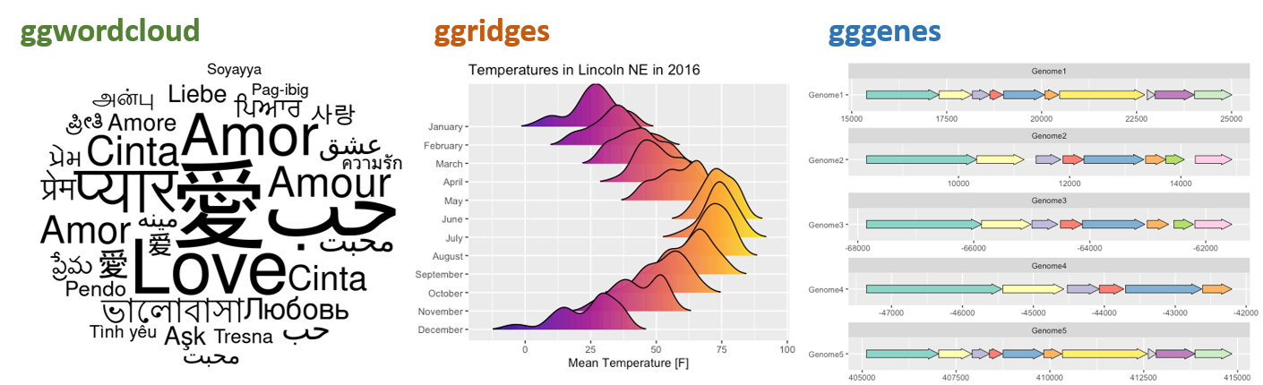 Examples of packages that works as extension for `ggplot2`. From left to right `ggwordcloud`, `ggridges`, and `gggenes`