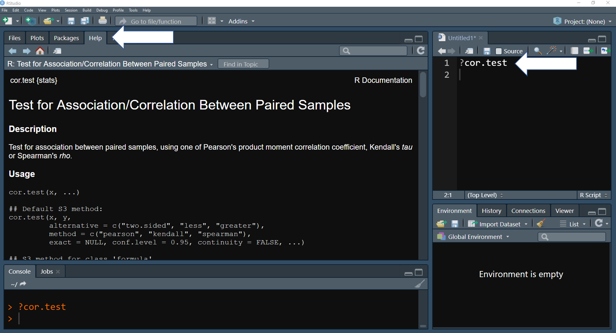 In RStudio, function description will be showed in the Help tap when use the function help() or ?