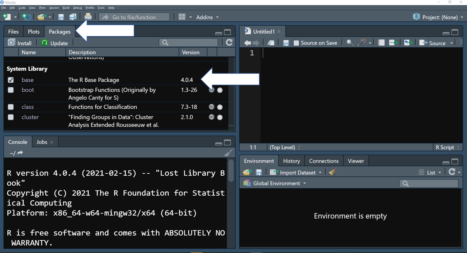 In RStudio, you can find what packages are installed in the tap "Packages". Package name, a brief description, and version are showed